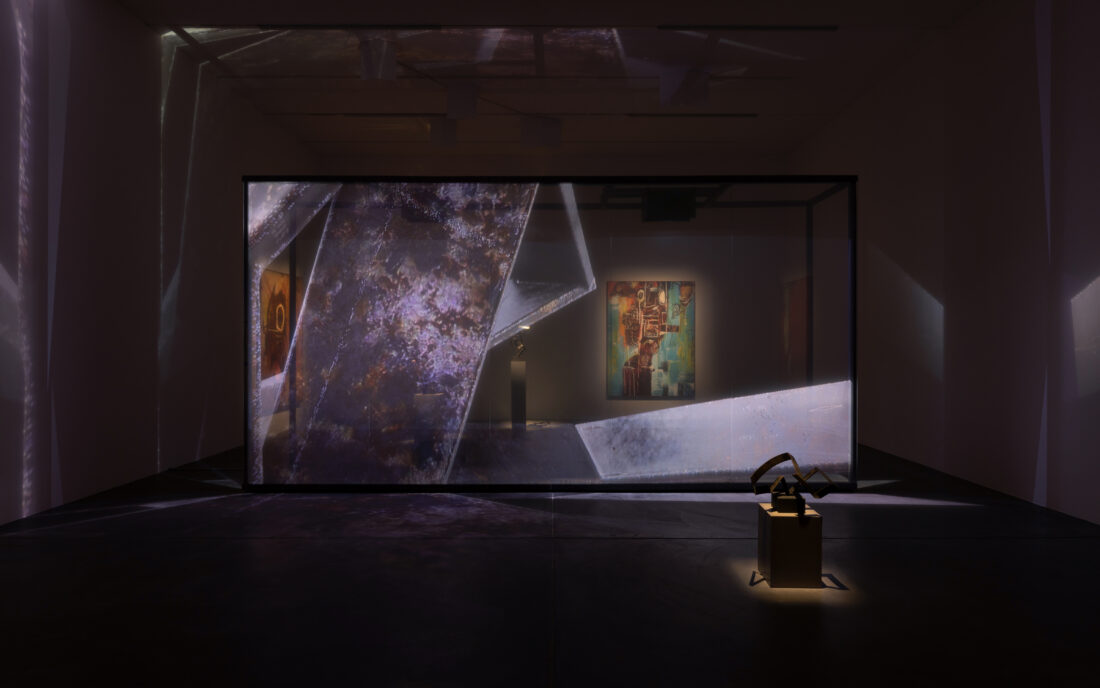 Installation view of the video installation 'Being Human' by Christopher Kulendran Thomas as part of the exhibition 'Christopher Kulendran Thomas: FOR REAL’ at Kunsthalle Zürich, 2023. 