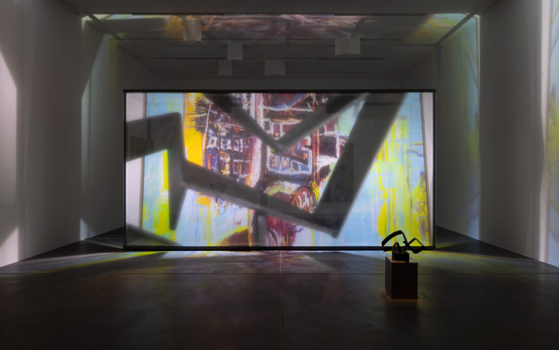 Installation view of the video installation 'Being Human' by Christopher Kulendran Thomas as part of the exhibition 'Christopher Kulendran Thomas: FOR REAL’ at Kunsthalle Zürich, 2023. 