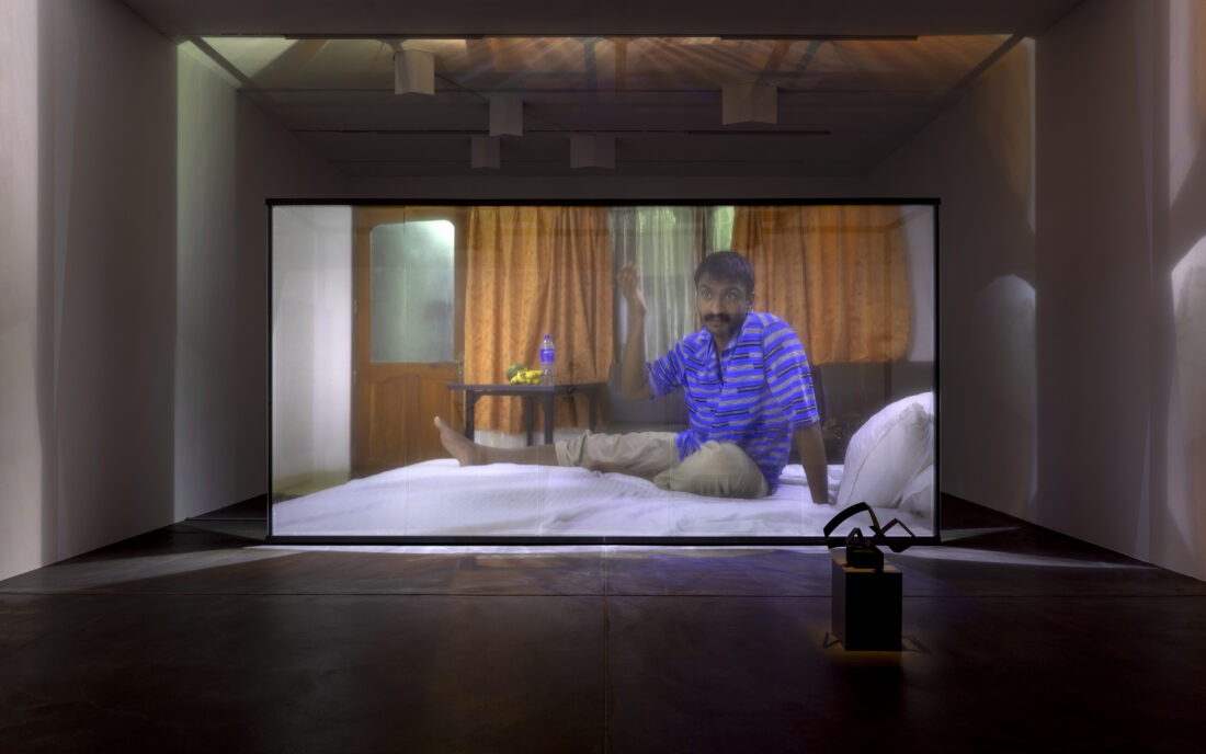 Installation view of the video installation 'Being Human' by Christopher Kulendran Thomas as part of the exhibition 'Christopher Kulendran Thomas: FOR REAL’ at Kunsthalle Zürich, 2023. 