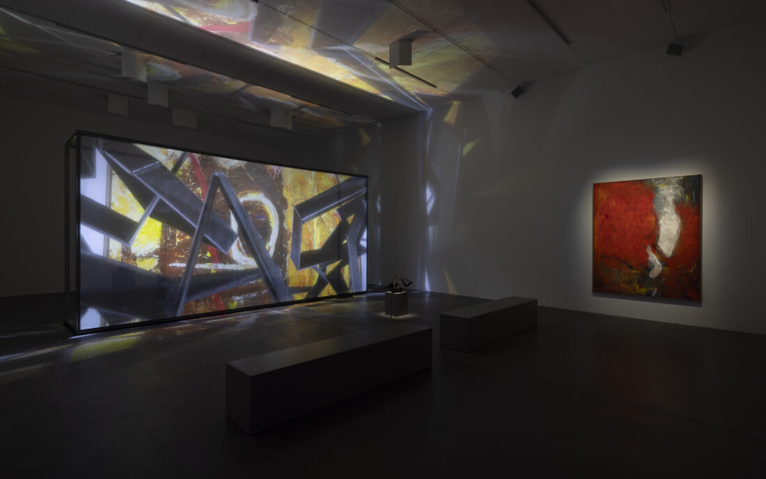 Installation view of the video installation 'Being Human' by Christopher Kulendran Thomas as part of the exhibition 'Christopher Kulendran Thomas: FOR REAL’ at Kunsthalle Zürich, 2023. 