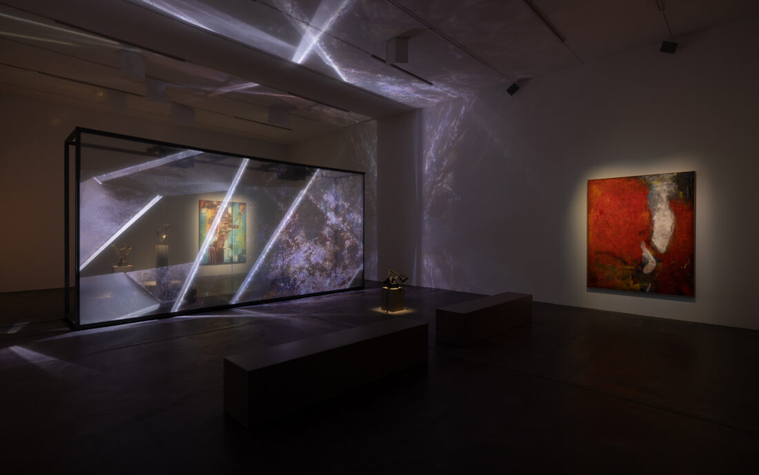 Installation view of the video installation 'Being Human' by Christopher Kulendran Thomas as part of the exhibition 'Christopher Kulendran Thomas: FOR REAL’ at Kunsthalle Zürich, 2023. 