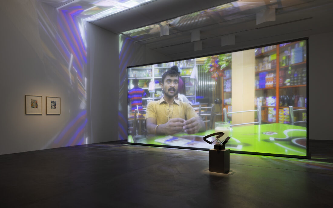 Installation view of the video installation 'Being Human' by Christopher Kulendran Thomas as part of the exhibition 'Christopher Kulendran Thomas: FOR REAL’ at Kunsthalle Zürich, 2023. 